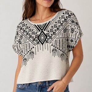 OHMG Tribal Aztec Knit Top Medium Boho Southwestern Festival Cottagecore